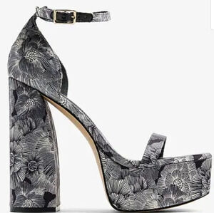 Black & White Floral Platform Heeled Sandals